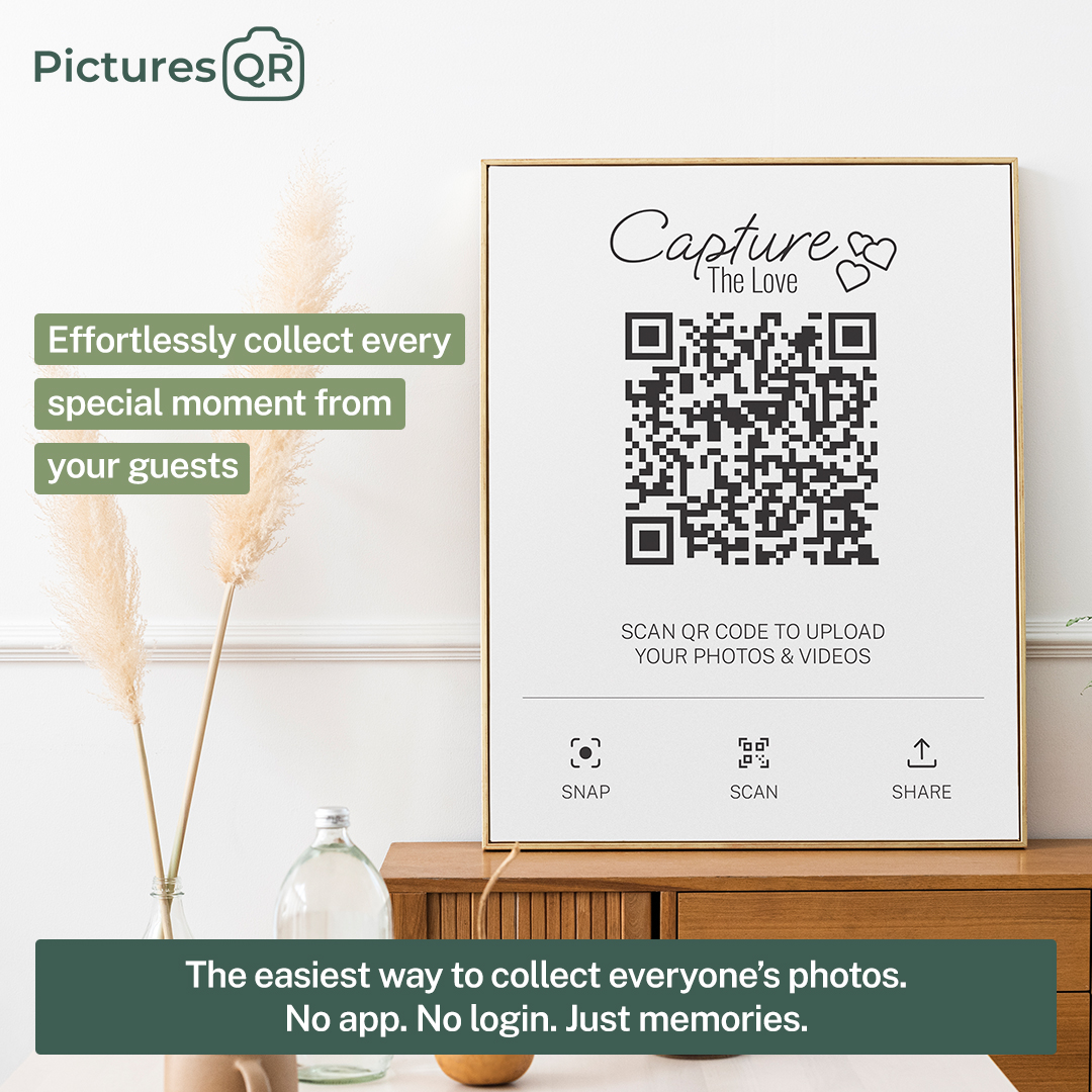 Wedding guests uploading photos and videos to a private PicturesQR gallery using a QR code