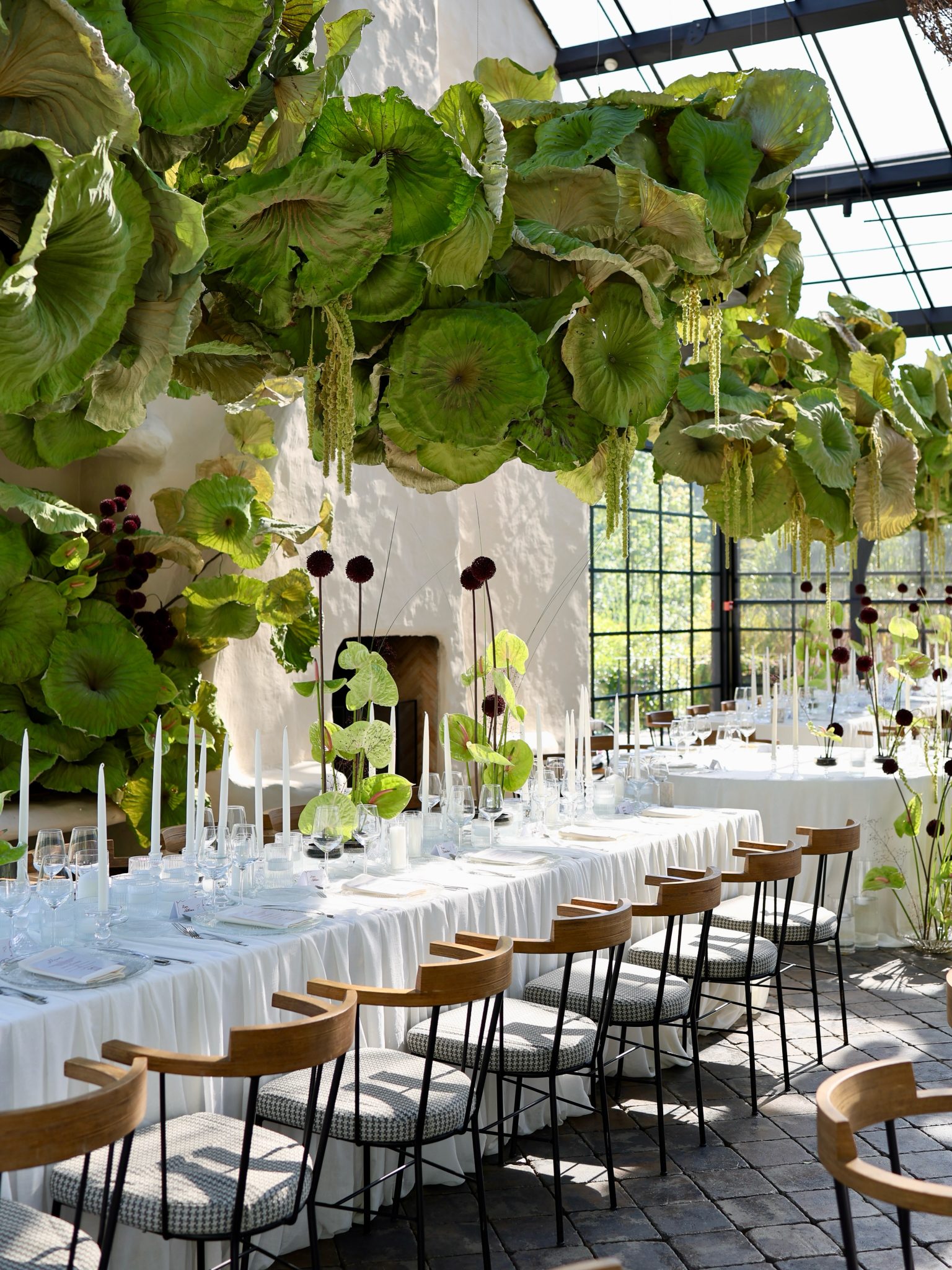 green floral installation for wedding reception