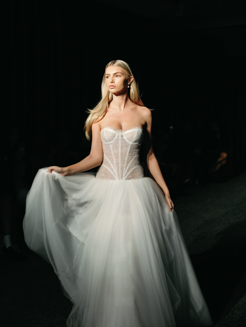 Berta Fall 2027 Élysée collection featuring glamorous couture wedding dresses and dramatic bridal silhouettes